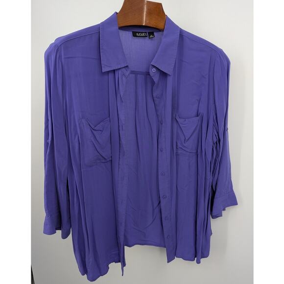 Purple A.N.A Long Sleeve Front Button Down Top Size 1X - Picture 2 of 5